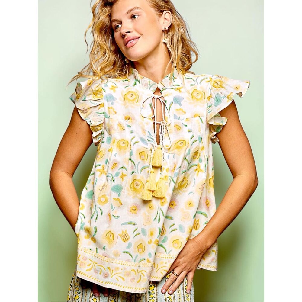 POL Lemon Floral Tassel Tie Flutter Sleeve Boho Blouse Yellow Flowy Top NEW
